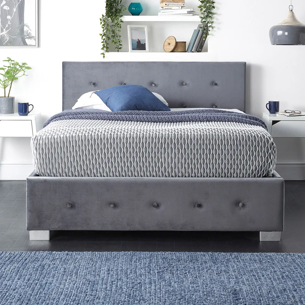 Small Double Ottoman Bed with Storage - Grey, Velvet
