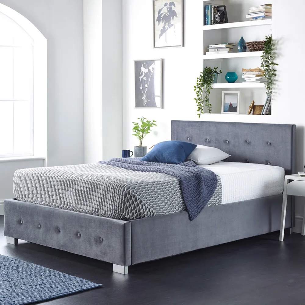 Small Double Ottoman Bed with Storage - Grey, Velvet