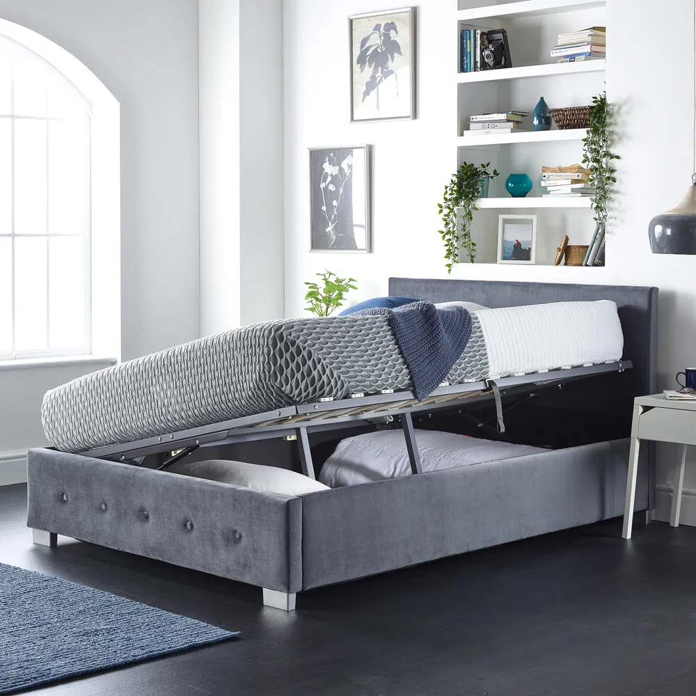 Super King Ottoman Bed with Storage - Grey, Velvet