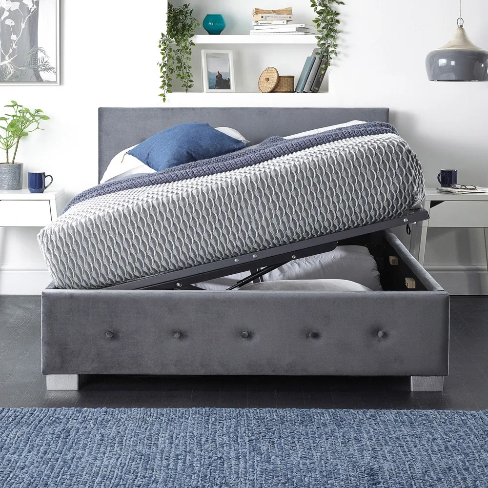 Super King Ottoman Bed with Storage - Grey, Velvet