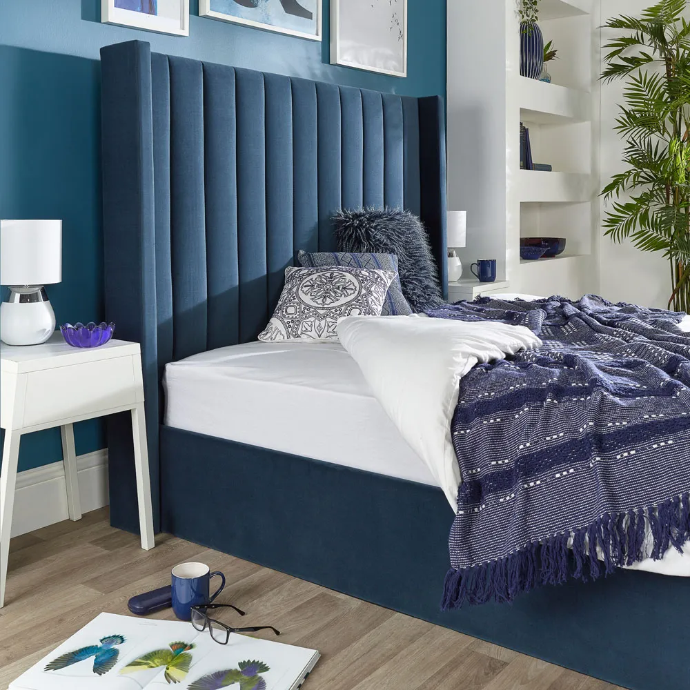 Helix Double Ottoman Bed with Storage - Blue, Velvet