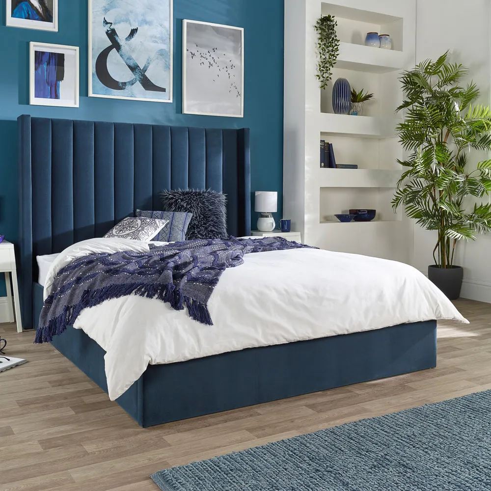 Helix Double Ottoman Bed with Storage - Blue, Velvet