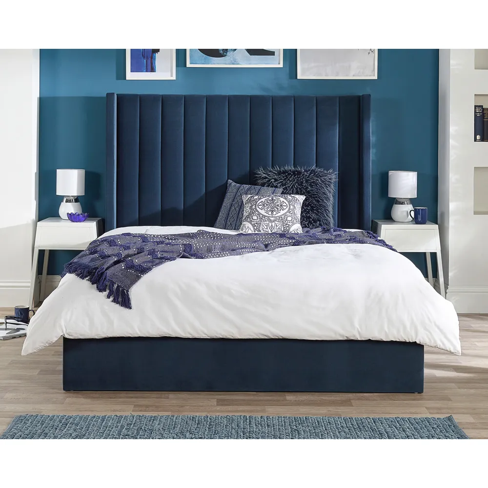 Helix Double Ottoman Bed with Storage - Blue, Velvet