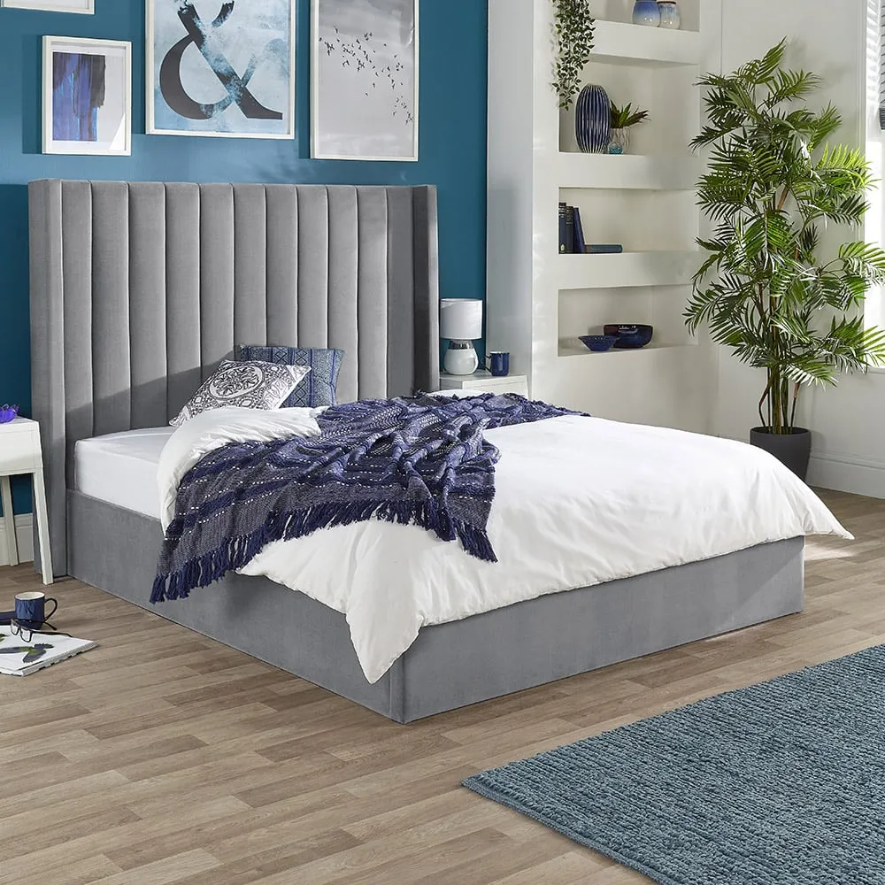 Helix Double Ottoman Bed with Storage - Grey, Velvet
