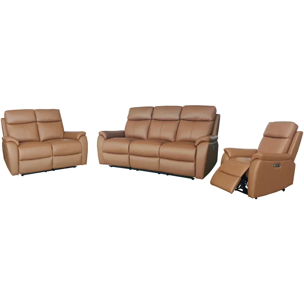 Kingsmere 6-Seater Power Recliner Sofa Suite with USB - Tan, Leather