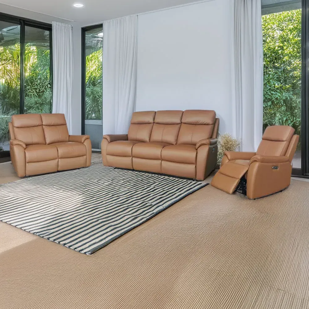 Kingsmere 6-Seater Power Recliner Sofa Suite with USB - Tan, Leather