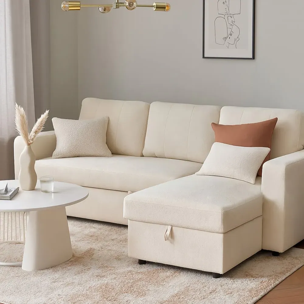 Nexis 3-Seater Left Hand Chaise Corner Sofa Bed with Storage - Cream image