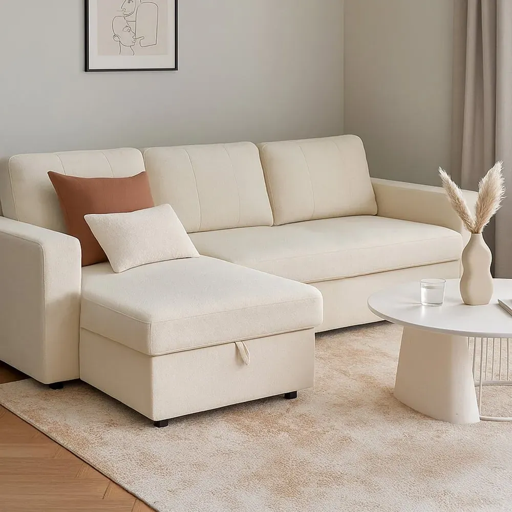 Nexis 3-Seater Right Hand Chaise Corner Sofa Bed with Storage - Cream