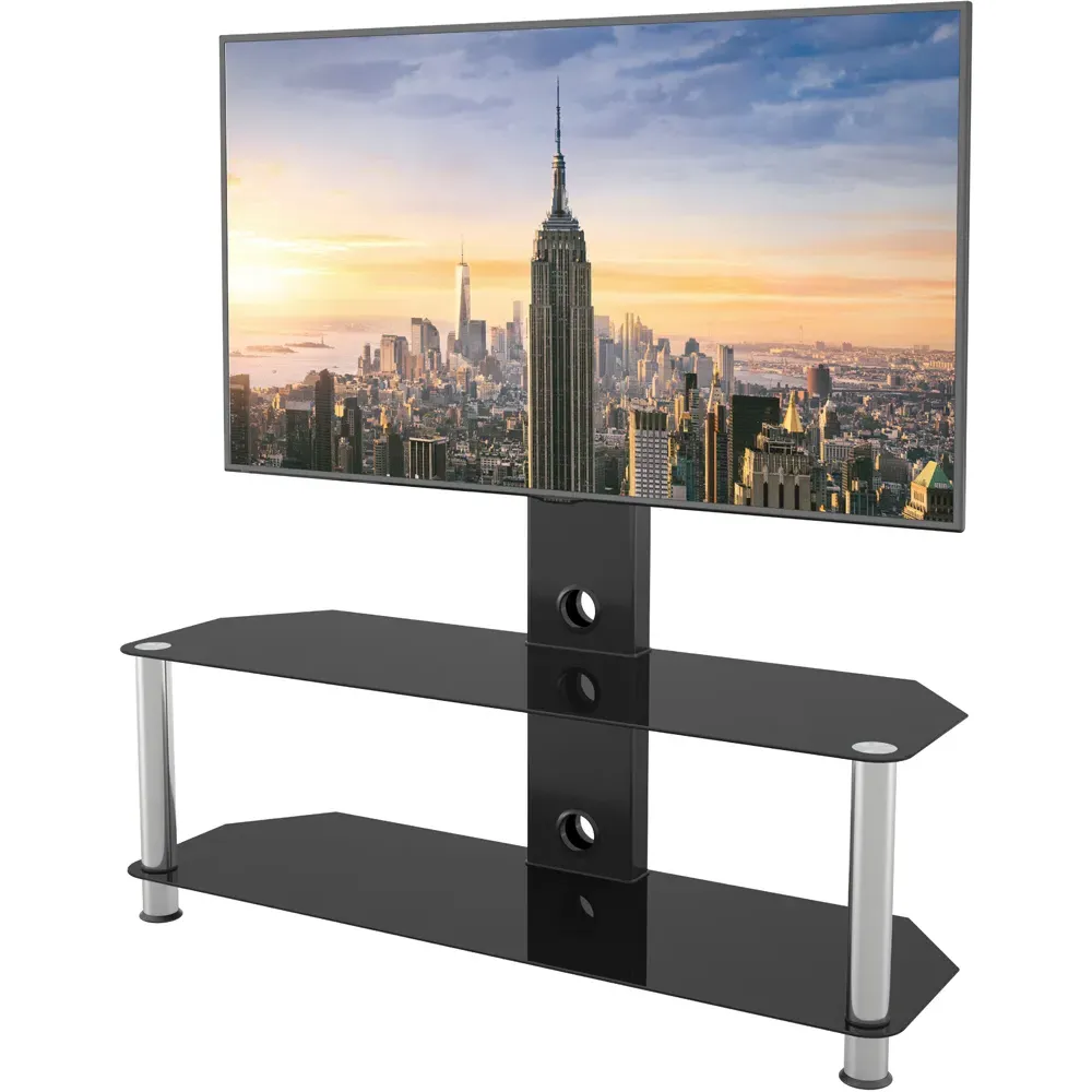 2 Shelf Corner TV Unit with Mount - Black, Chrome Glass