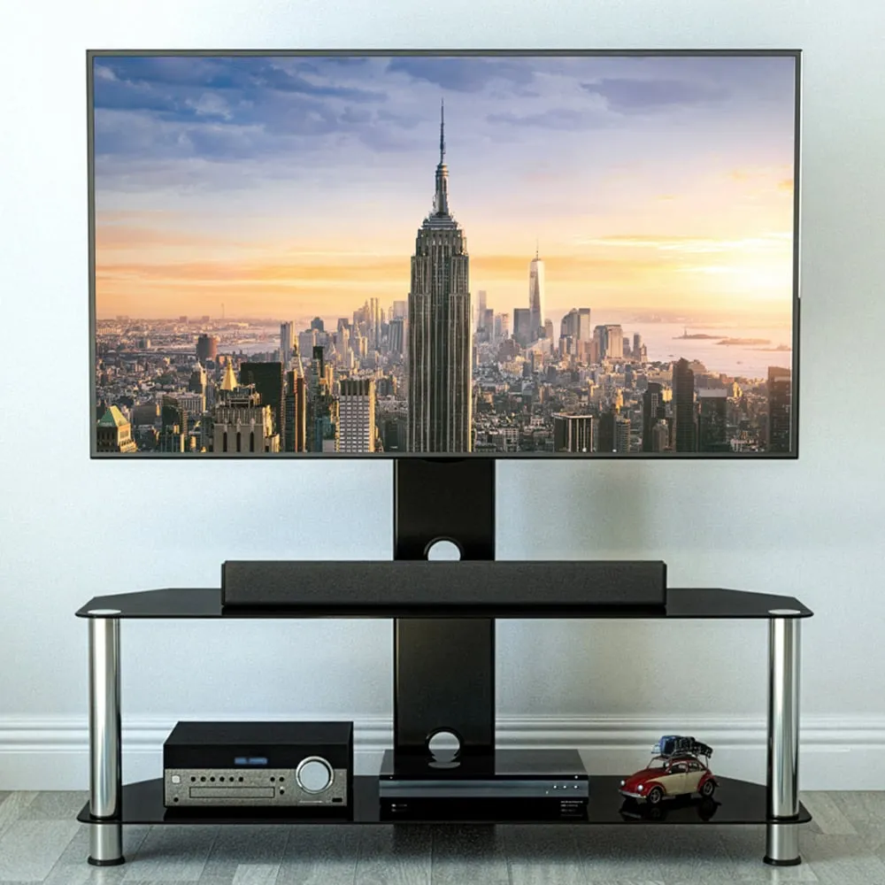 2 Shelf Corner TV Unit with Mount - Black, Chrome Glass