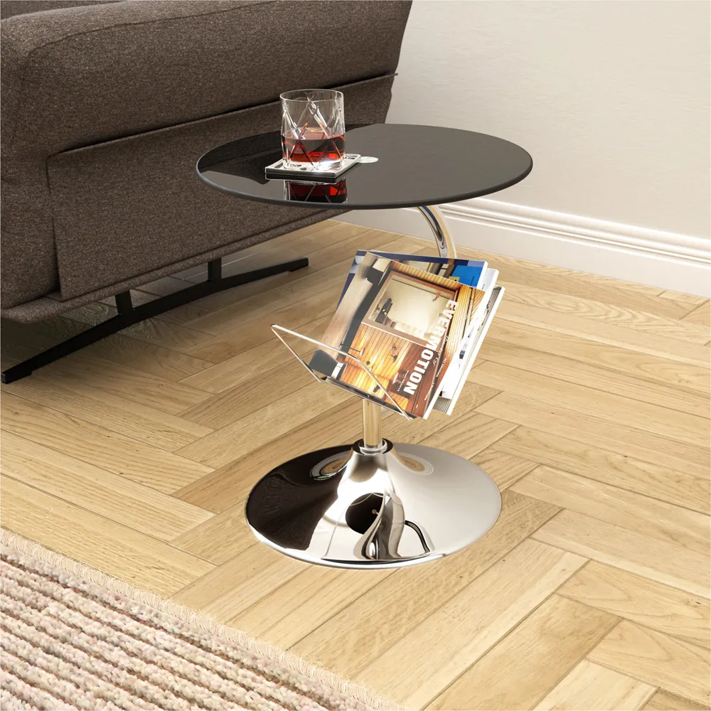 AVF Round Side Table with Magazine Rack - Black, Glass