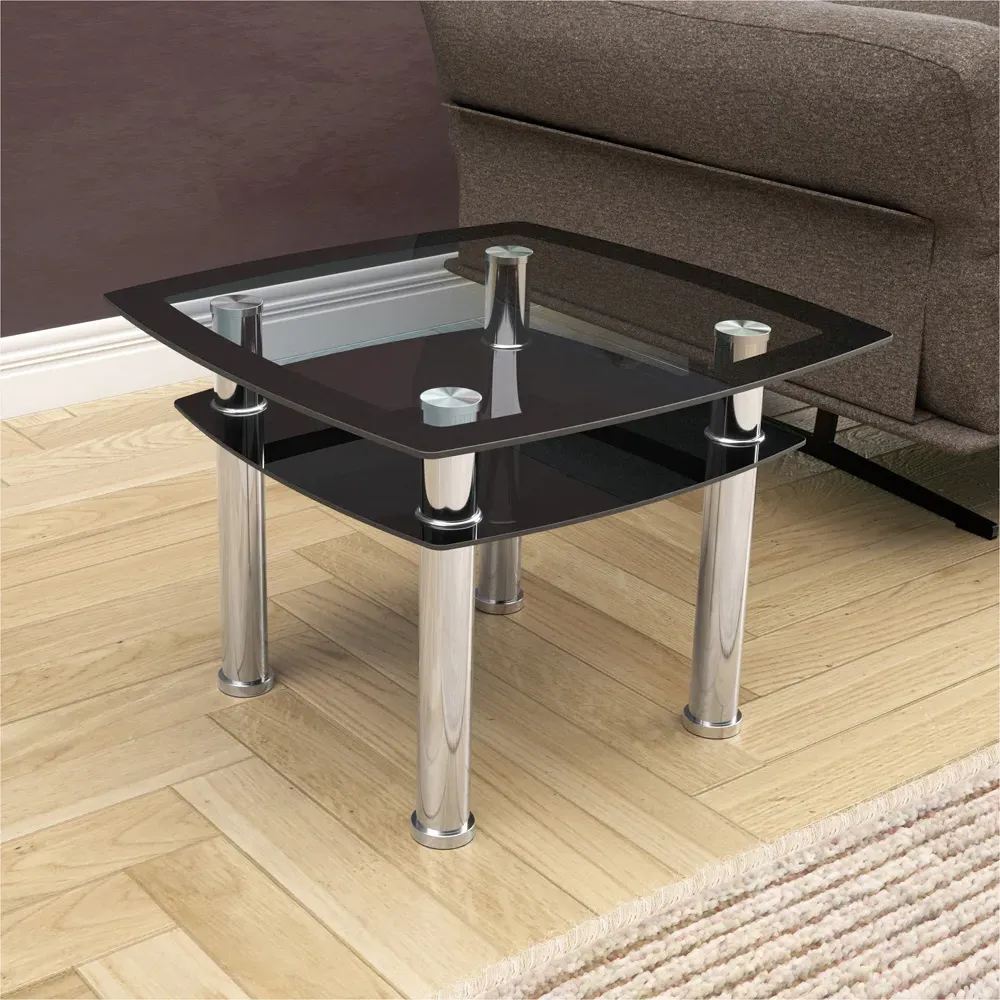 Black Glass and Chrome Lamp Table - Black, Glass