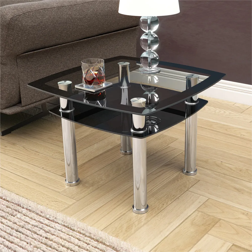 Black Glass and Chrome Lamp Table - Black, Glass