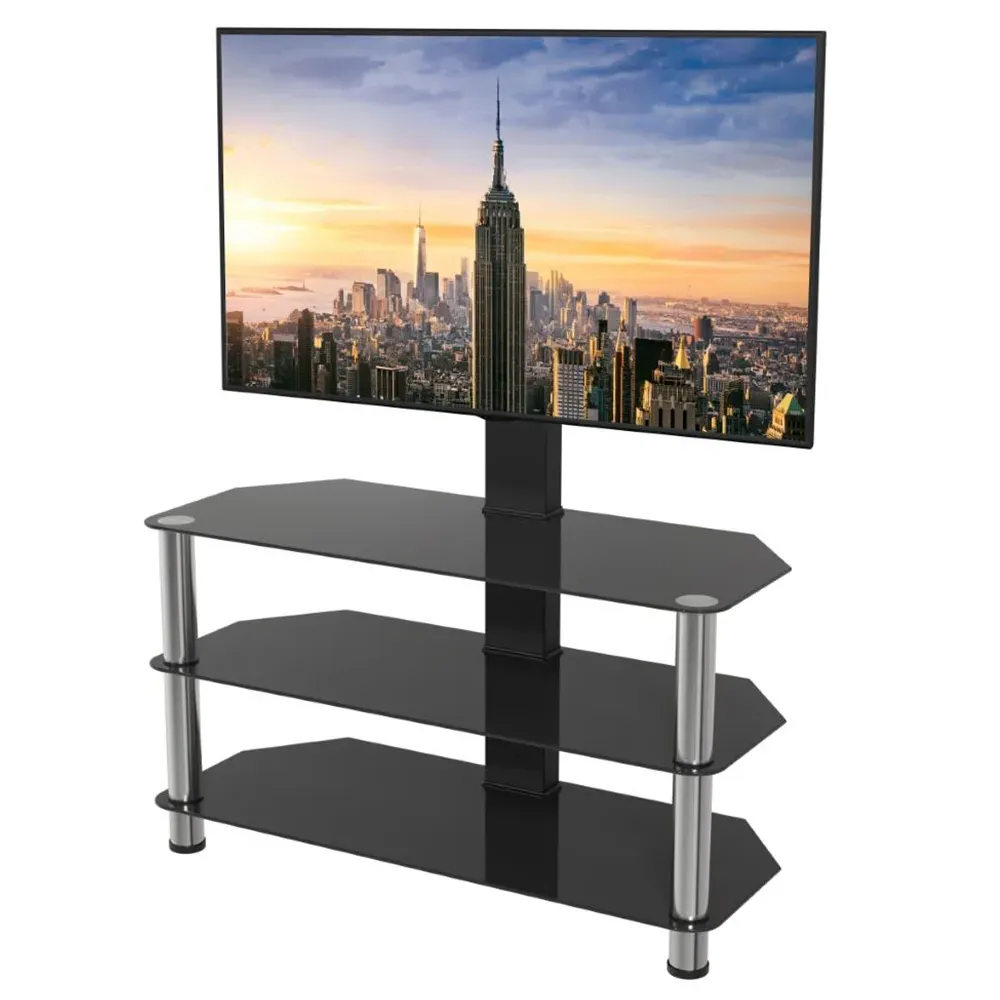 Corner TV Unit with Adjustable Mount - Black, Chrome Glass
