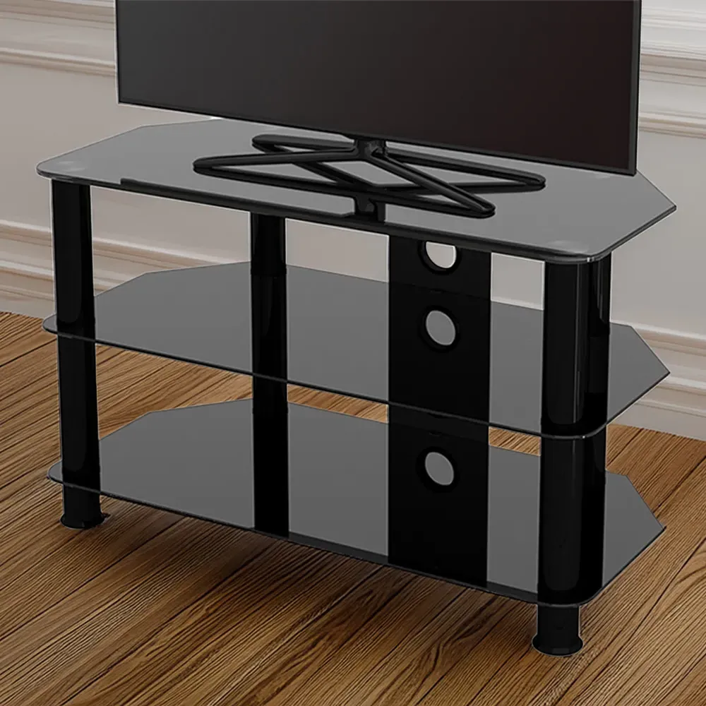 Classic 2 Shelf Corner TV Unit with Cable Management - Black, Glass