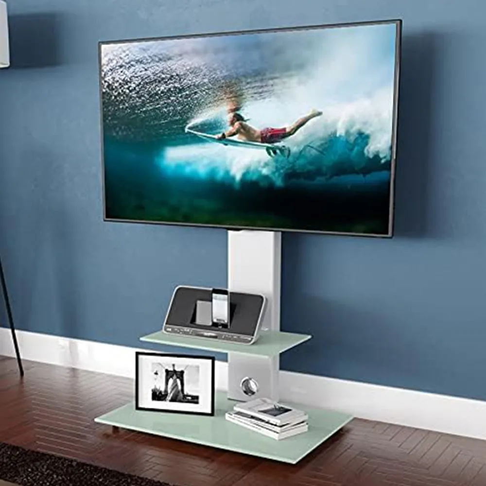 Lesina Pedestal TV Stand with Glass Shelf - White