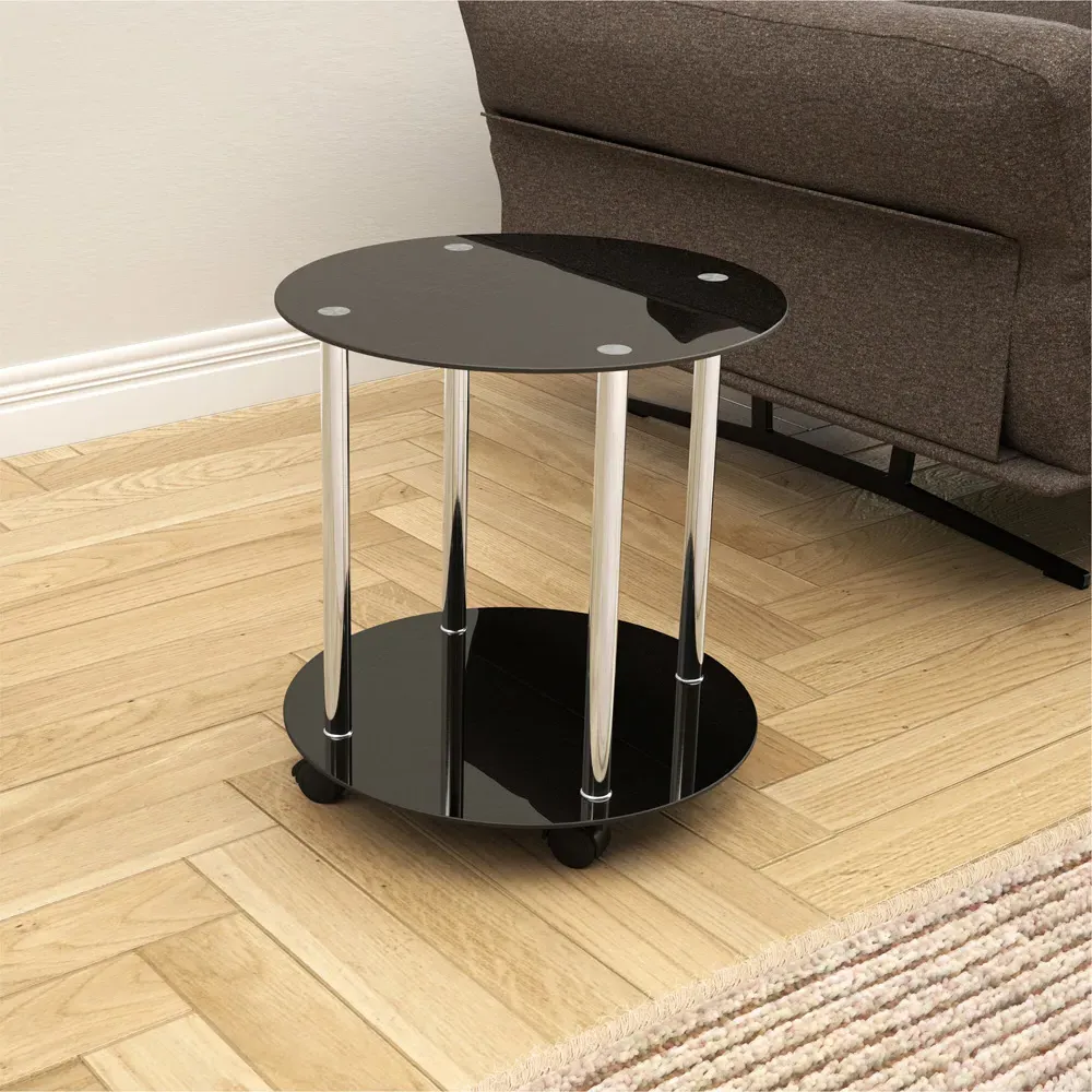 Round Lamp Table with Wheels - Black, Glass