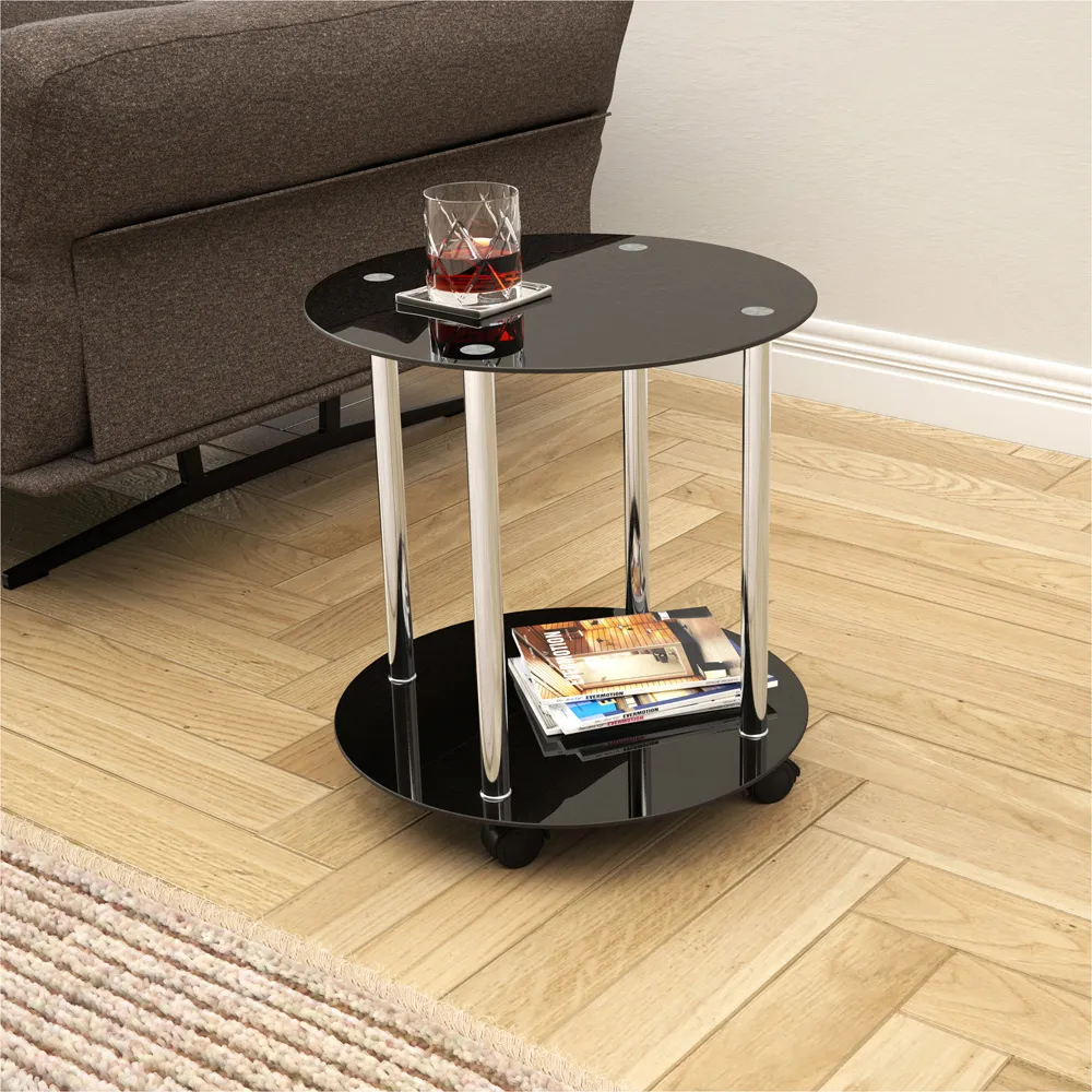 Round Lamp Table with Wheels - Black, Glass