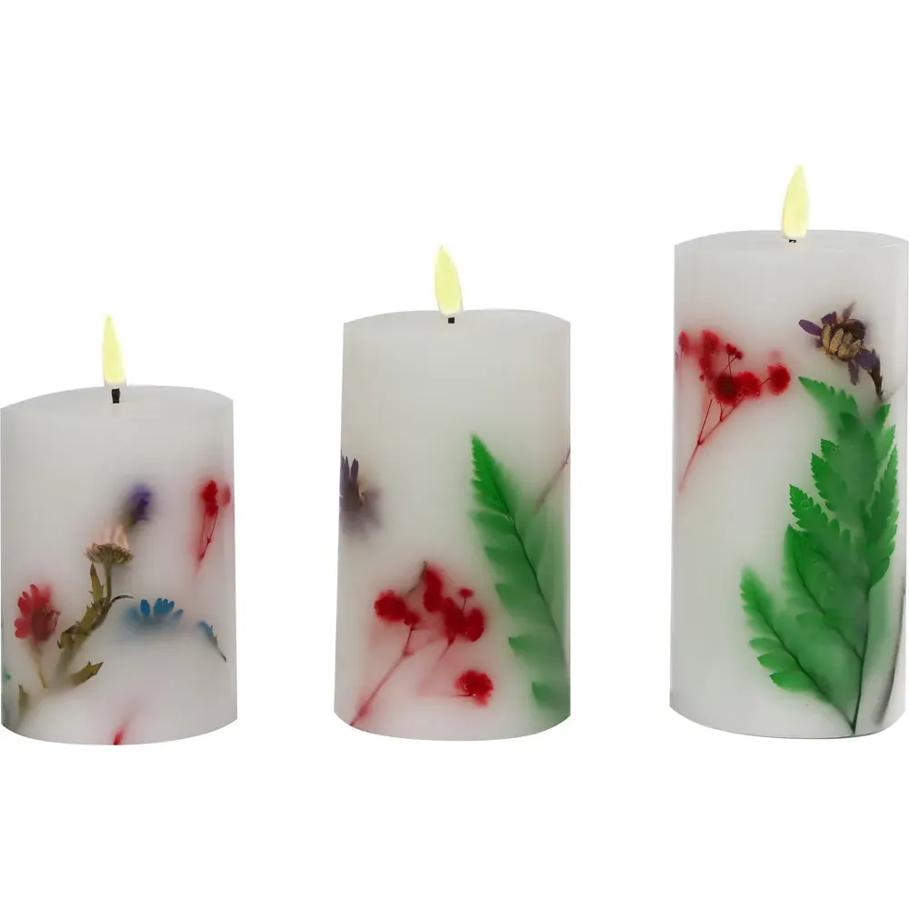 3 Piece Flower Embedded Wax Candle Set - Multi