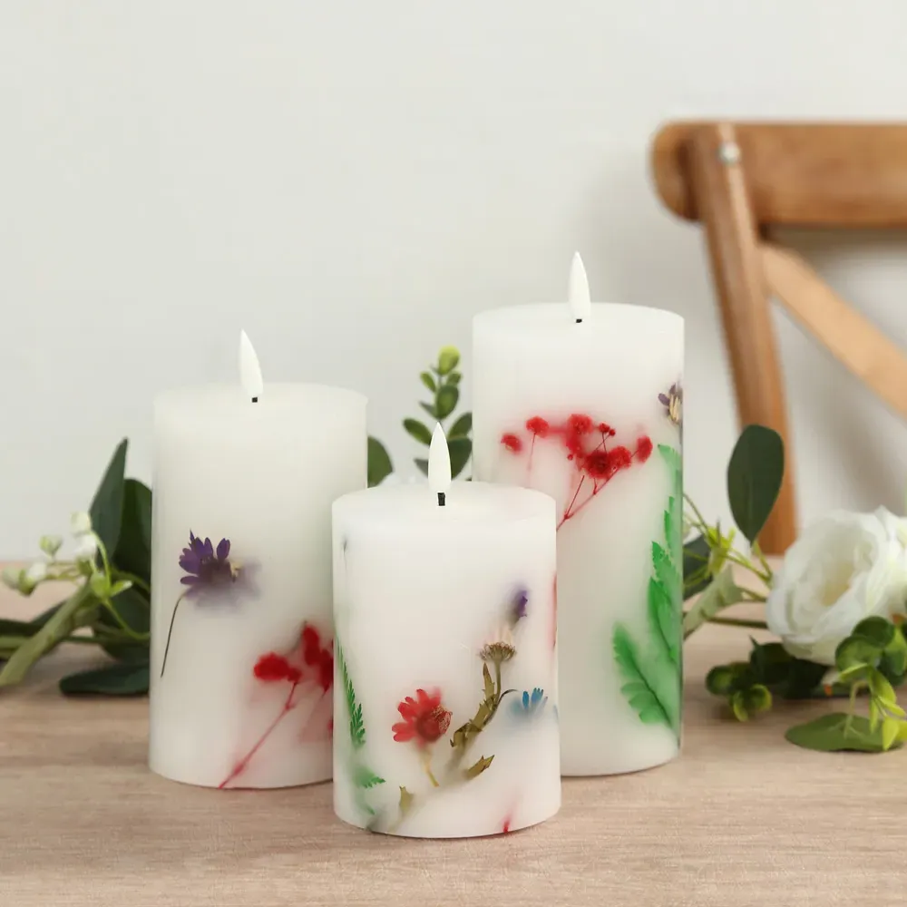 3 Piece Flower Embedded Wax Candle Set - Multi