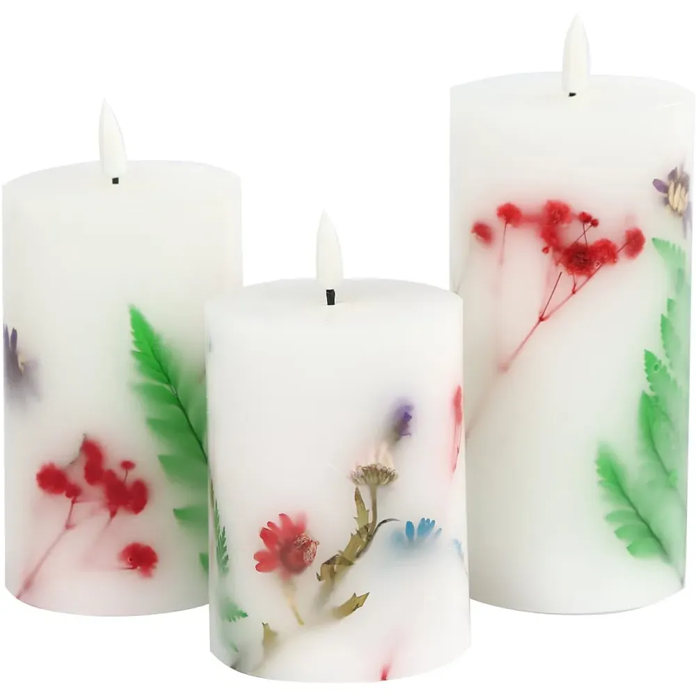 3 Piece Flower Embedded Wax Candle Set - Multi image