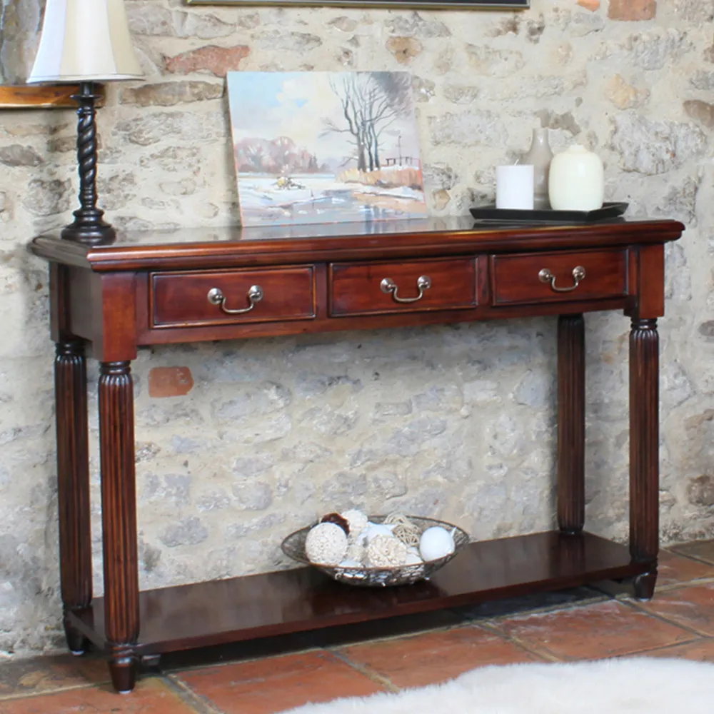 La Roque 3 Drawer Console Table with Shelf - Brown, Mahogany
