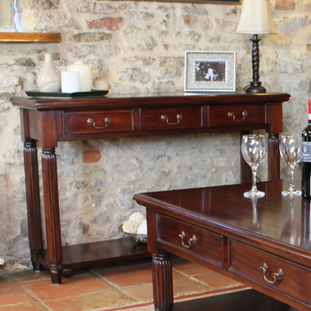 La Roque 3 Drawer Console Table with Shelf - Brown, Mahogany