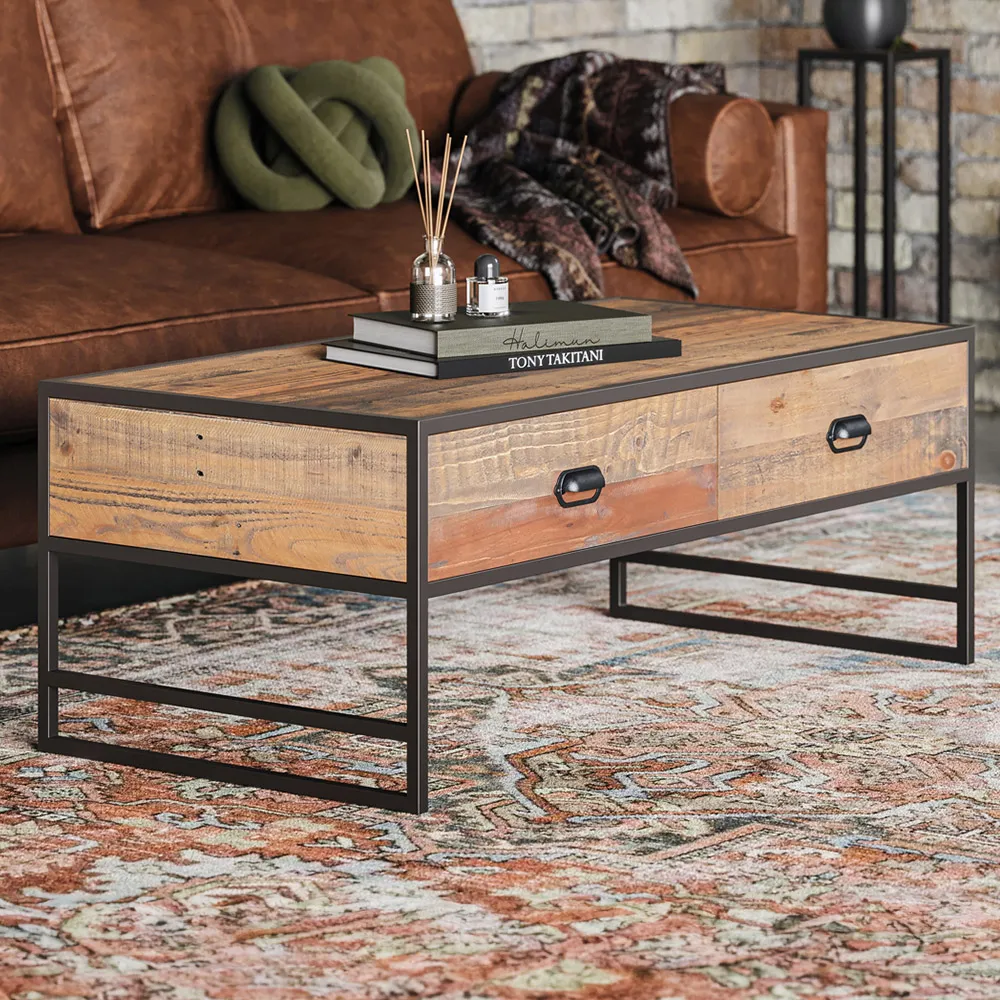 Ooki 2 Drawer Tall Coffee Table - Brown, Reclaimed Wood