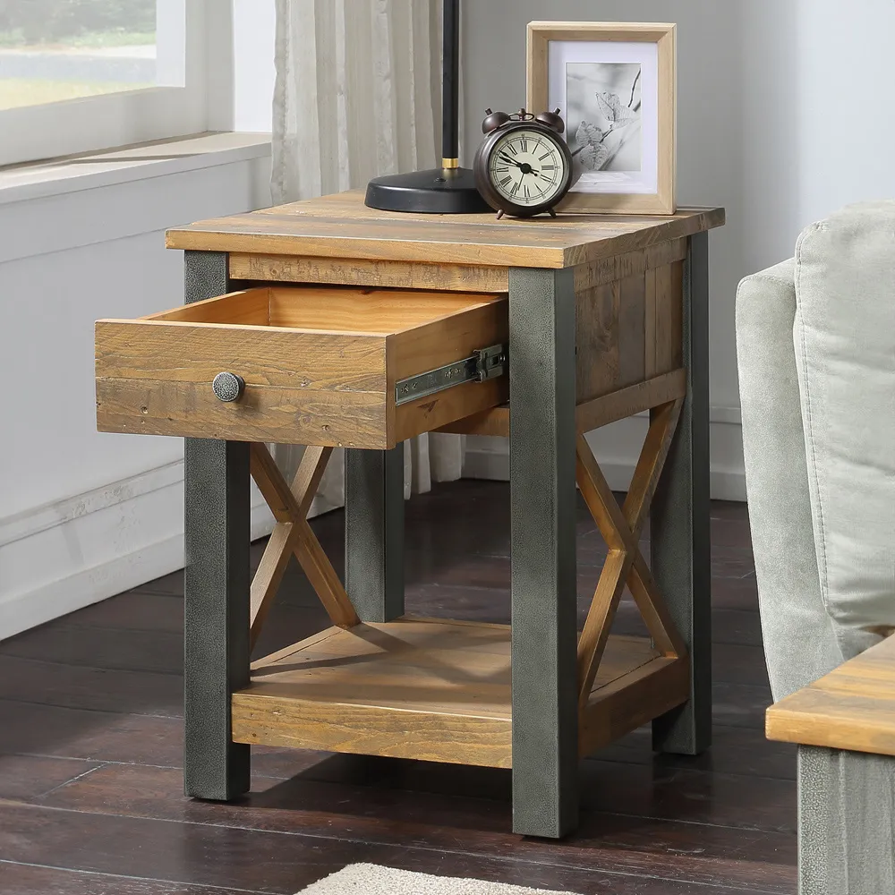 Urban Elegance Single Drawer Lamp Table - Brown, Reclaimed Wood