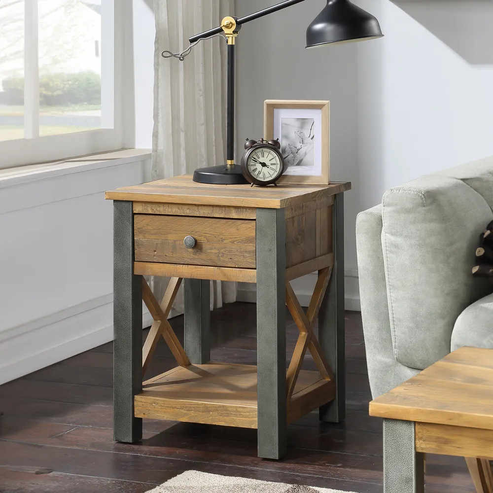 Urban Elegance Single Drawer Lamp Table - Brown, Reclaimed Wood