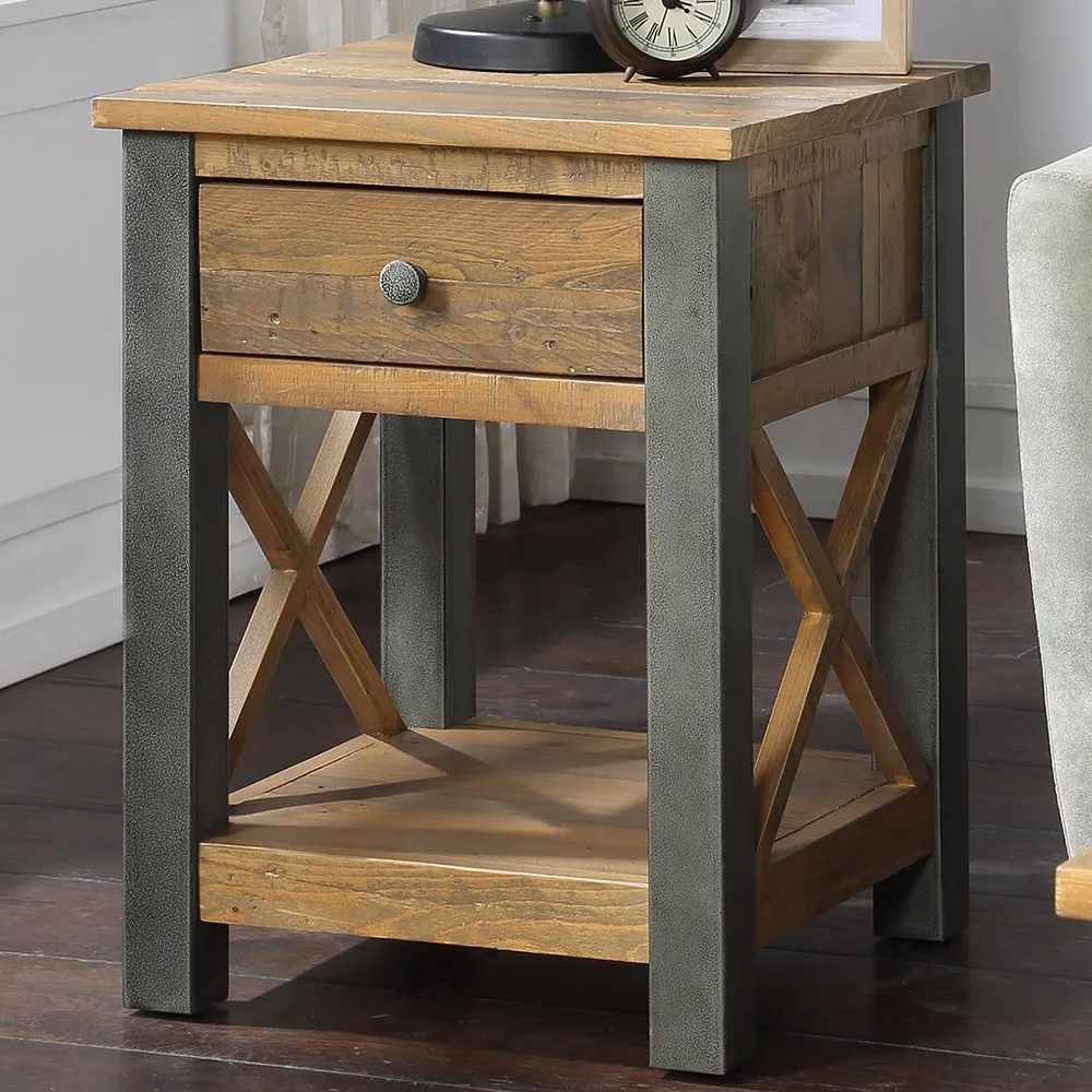 Urban Elegance Single Drawer Lamp Table - Brown, Reclaimed Wood