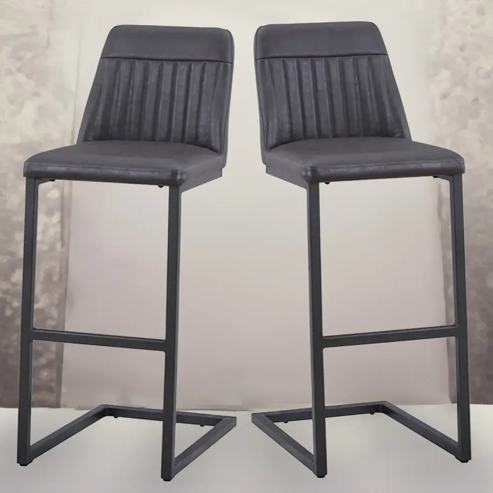 Vintage Bar Stool Set of 2 - Grey, Leather
