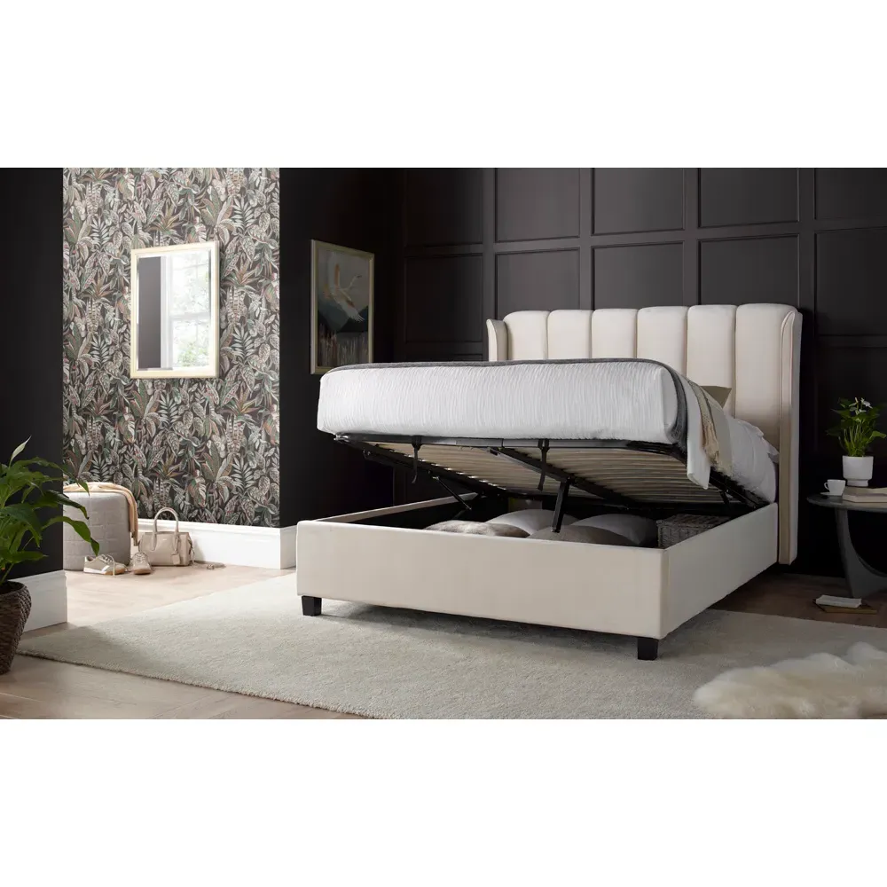 Aurora King Size Ottoman Bed with Storage - Cream, Velvet