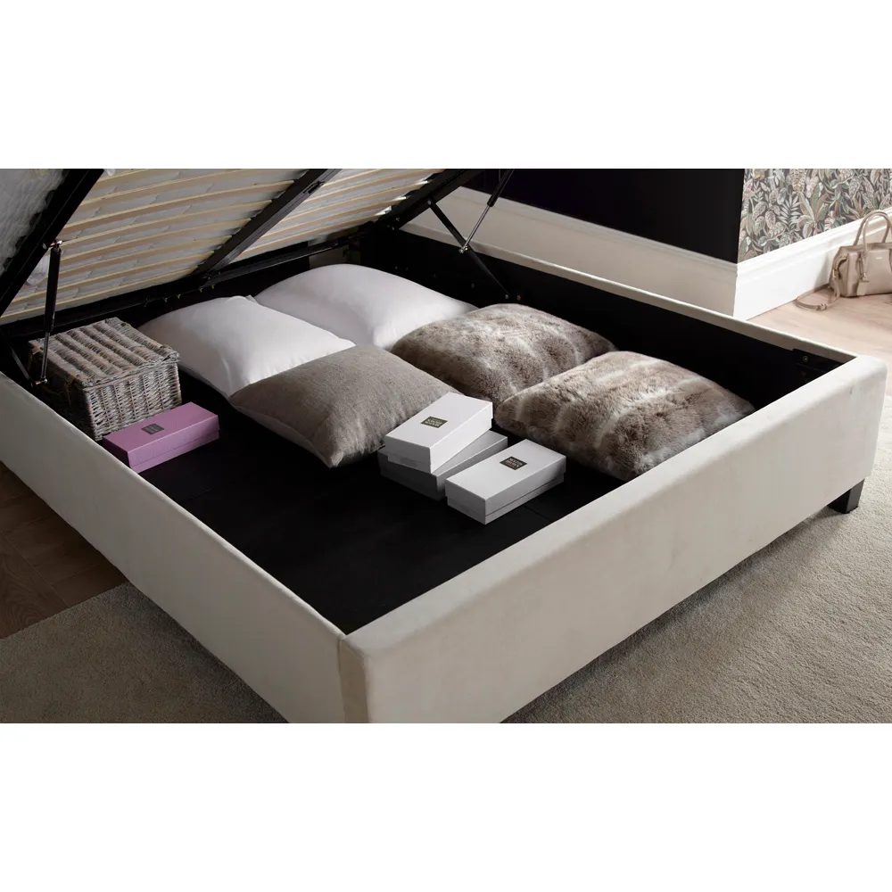 Aurora King Size Ottoman Bed with Storage - Cream, Velvet