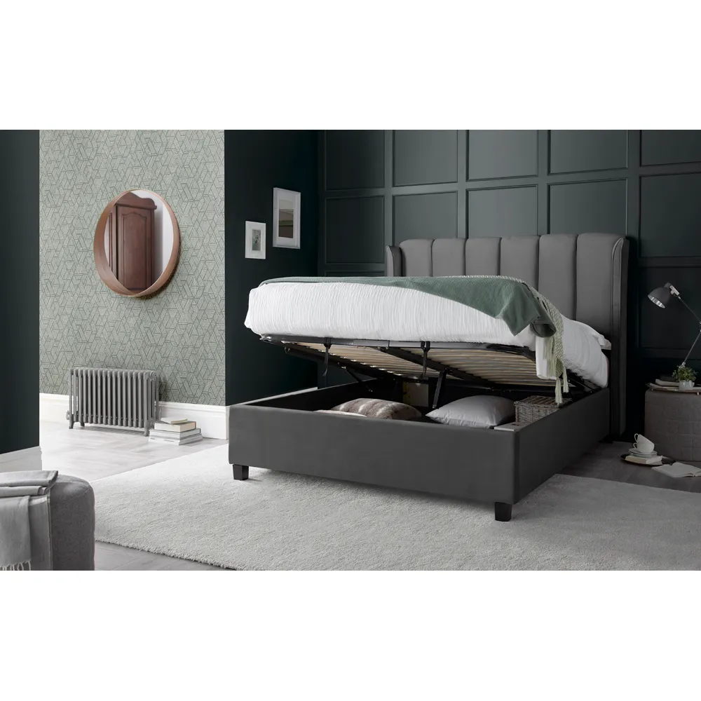 Aurora King Size Ottoman Bed with Storage - Grey, Velvet