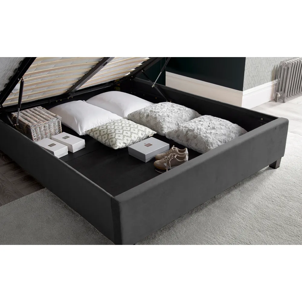 Aurora King Size Ottoman Bed with Storage - Grey, Velvet