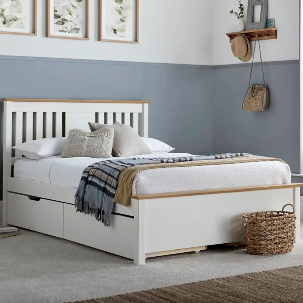 Chester Single Bed Frame with 2 Drawer Storage - White, Oak image