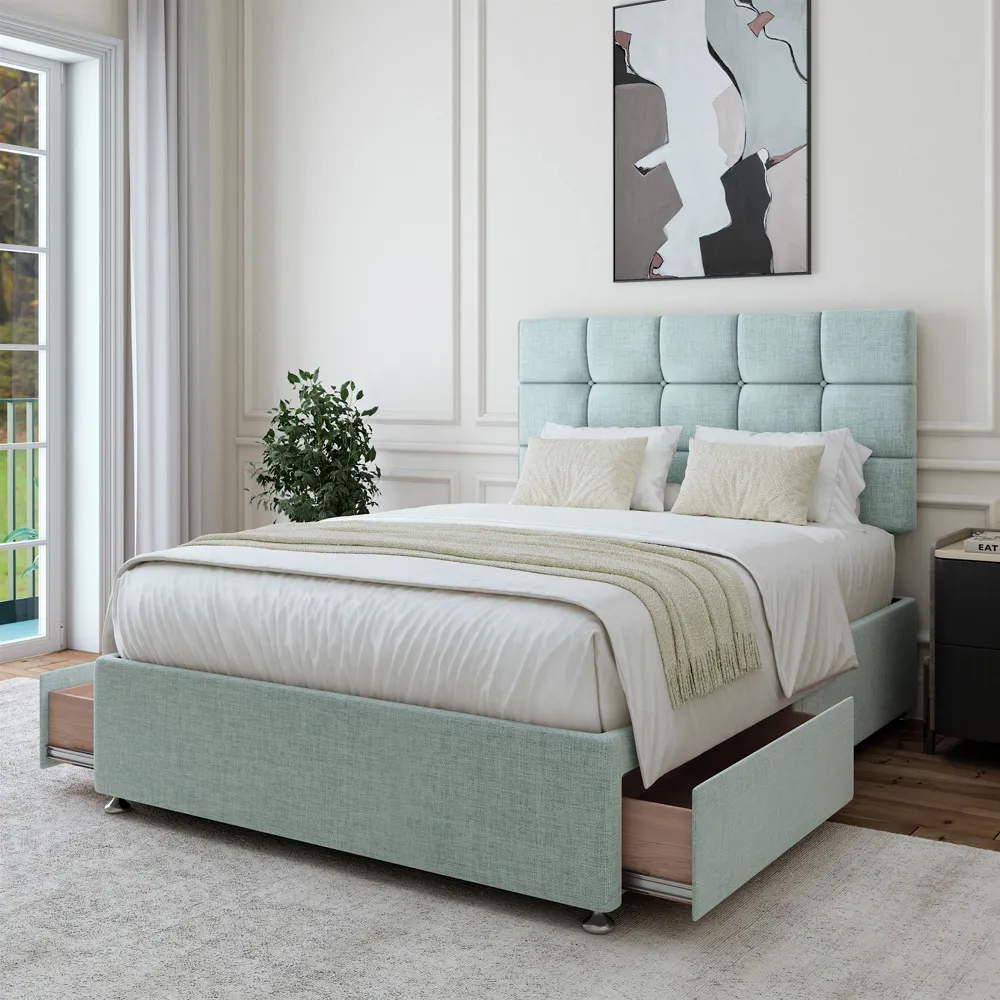 Double 2 Drawer Divan Base with Pearl Headboard - Duck Egg, Linen