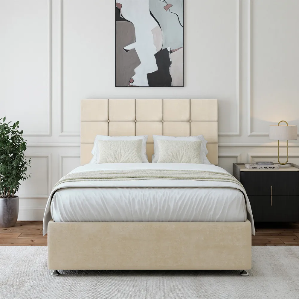 Double Divan Base with Pearl Headboard - Cream, Velvet