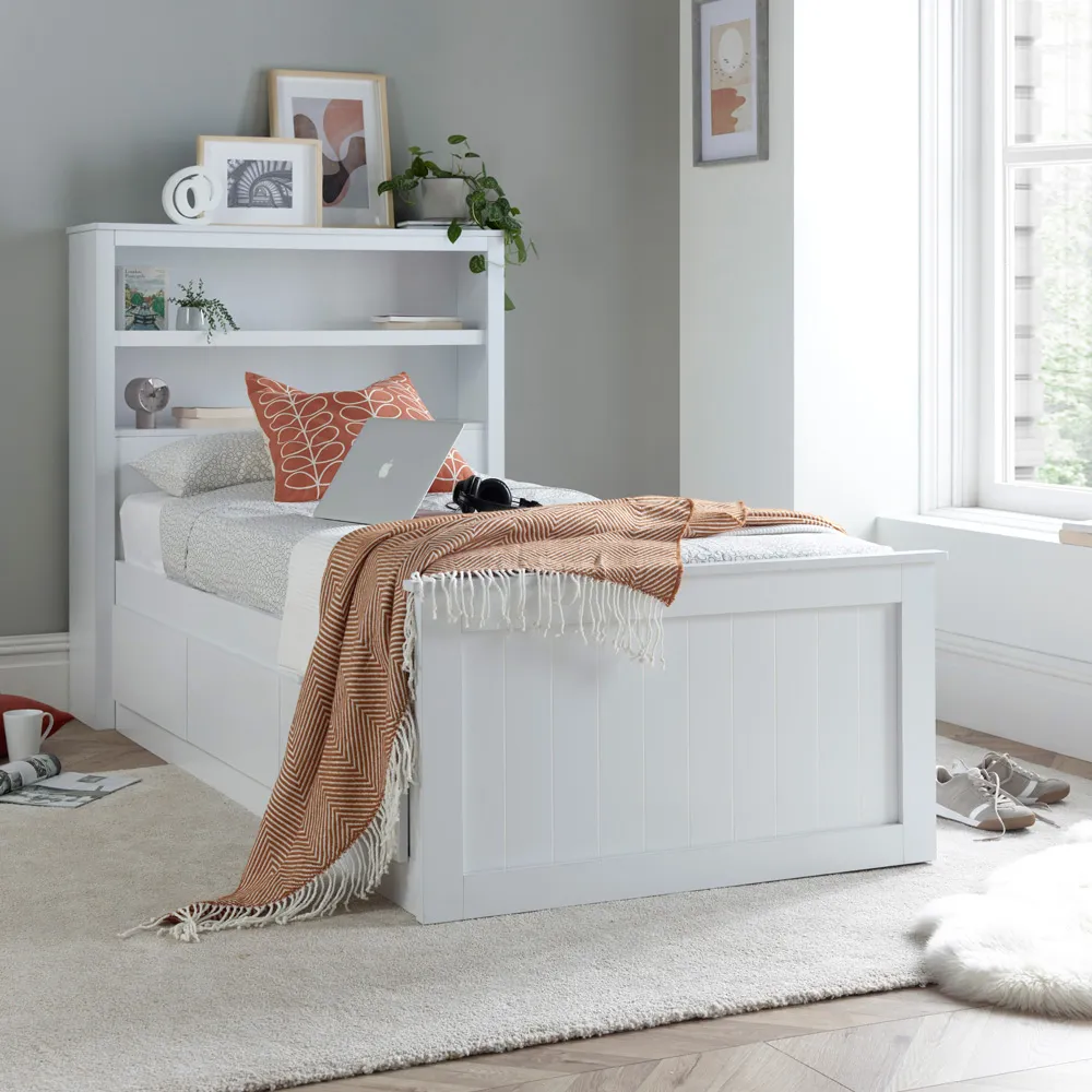 Enzo Single Bed Frame with 3 Drawers - White, Rubberwood