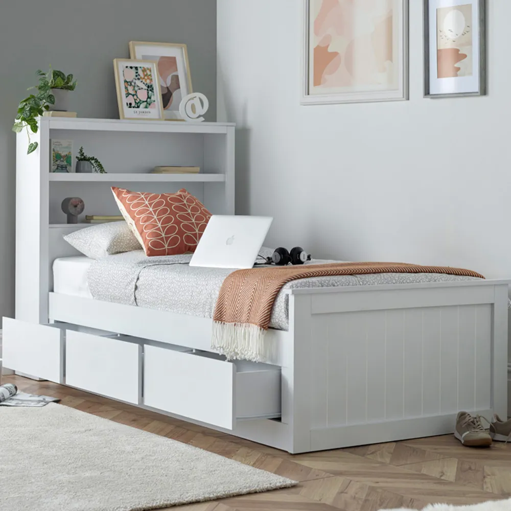 Enzo Single Bed with 3 Drawers & Spring Mattress - White