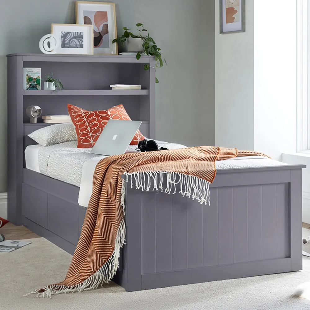 Enzo Single Storage Bed with 3 Drawers - Grey, Rubberwood