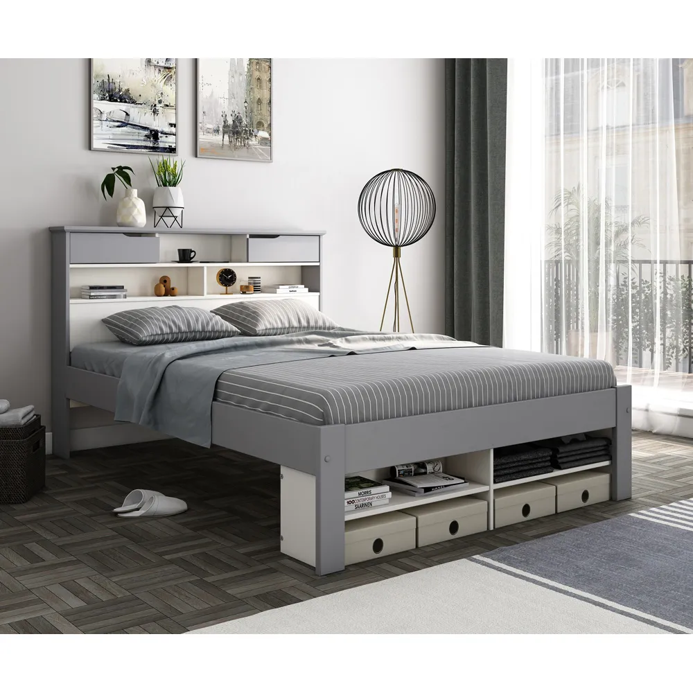 Fabio Double Bed Frame with Storage - Grey, Pine