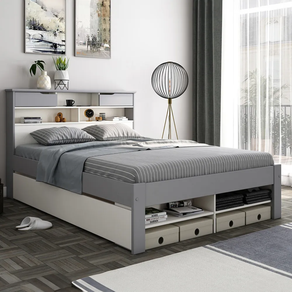 Fabio Double Bed Frame with Storage - Grey, Pine