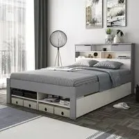 Fabio Double Bed Frame with Storage - Grey, Wood