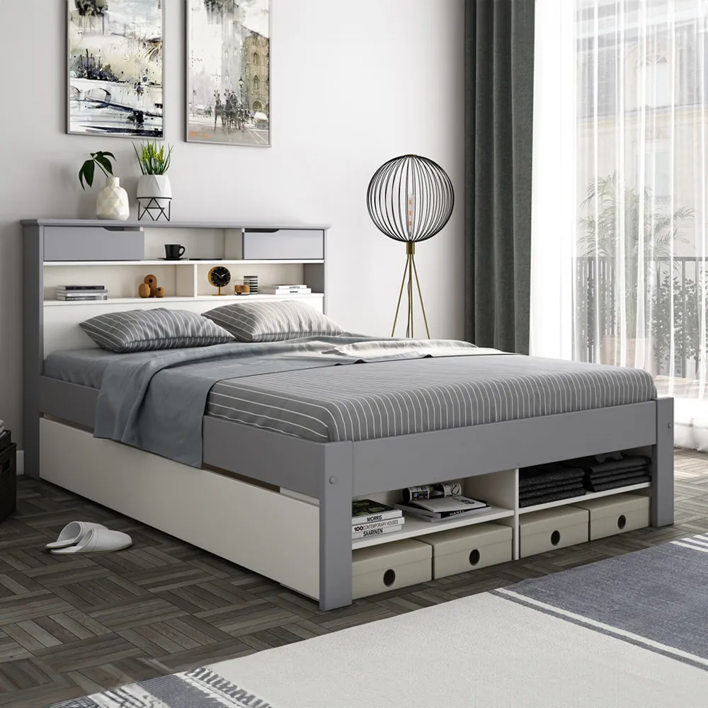 Fabio Double Bed Frame with Storage - Grey, Wood image