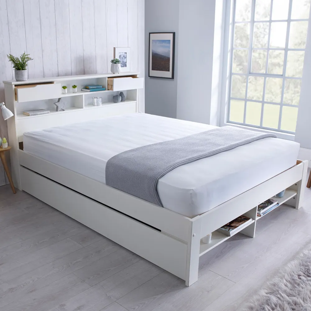 Fabio Double Bed Frame with Storage - White, Pine