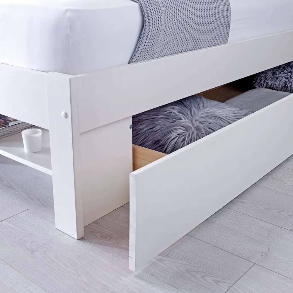 Fabio Double Bed Frame with Storage - White, Pine