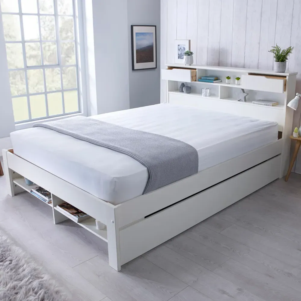 Fabio Double Bed Frame with Storage - White, Pine image