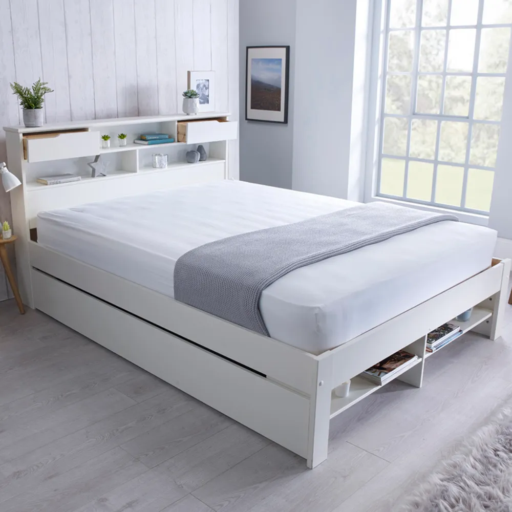 Fabio Double Bed Frame with Storage - White, Pine image